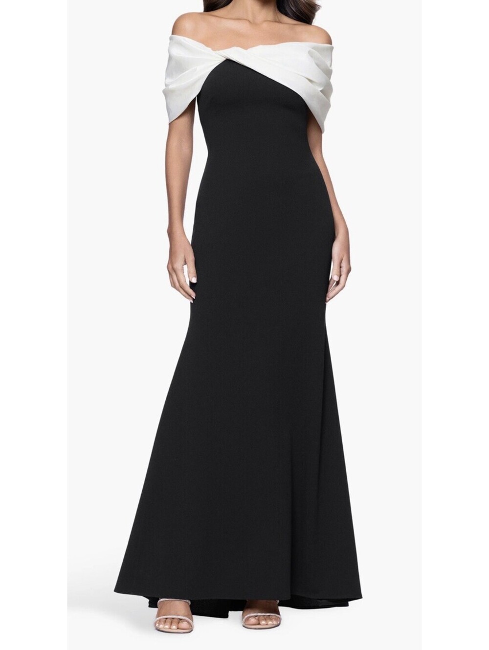 New Betsy & Adam Off the Shoulder Crepe & Taffeta Sheath Gown Size 16 $278